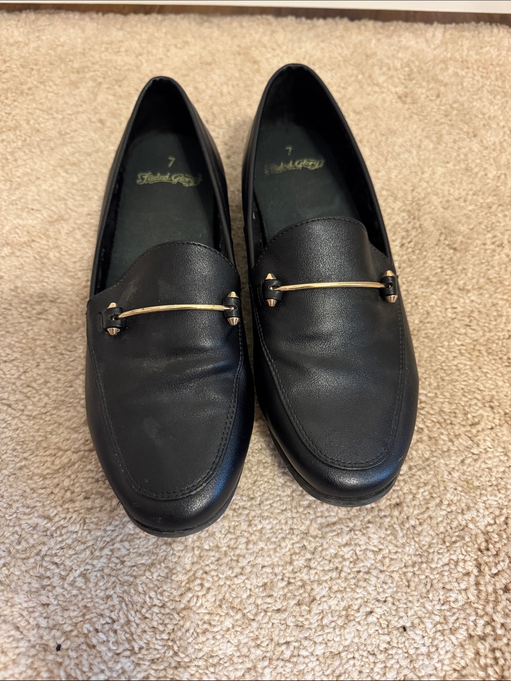 Faded Glory Black Leather Loafers with Gold Accent